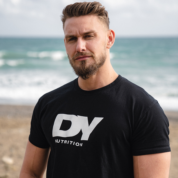 Model wearing black DY Nutrition T-Shirt