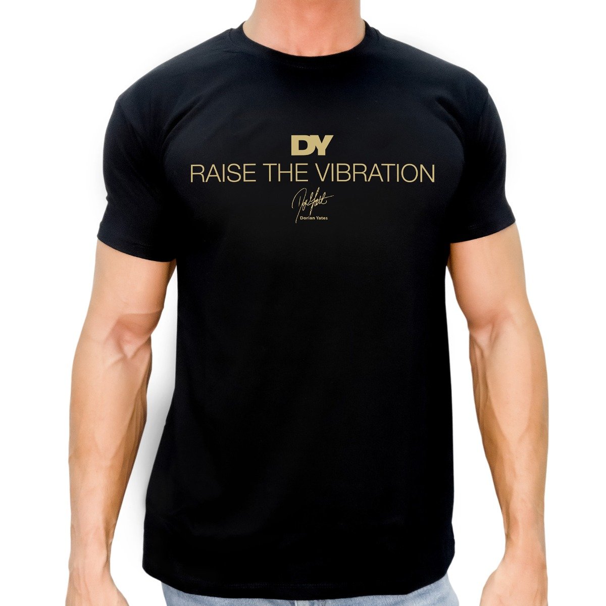 Front view of DY Nutrition Raise the Vibration T-Shirt in black